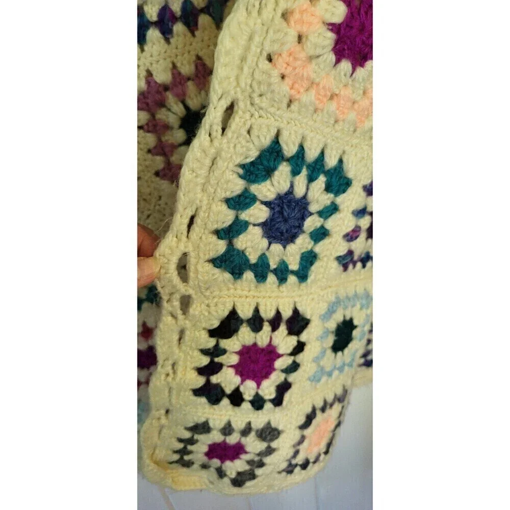 Granny Square Crochet Multicolor Cream Vintage Afghan Blanket